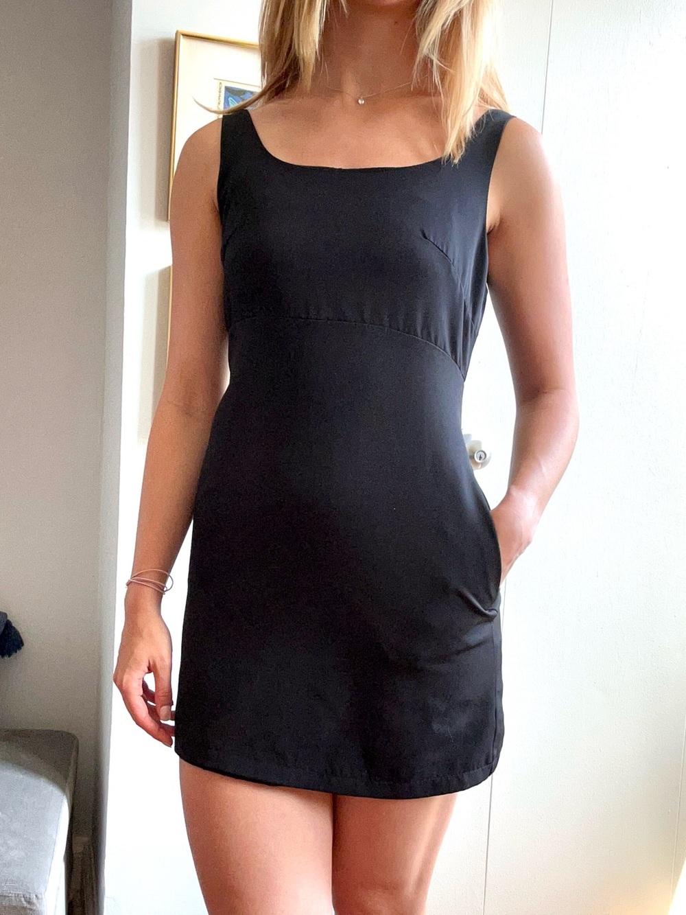 Little Black Dress - Black Square Neck Sleeveless Mini Dress with pockets